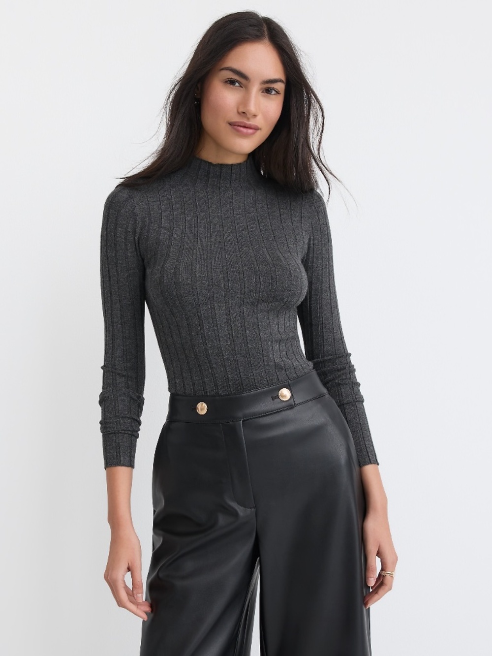 Petite Heathered Ribbed Mock Neck Sweater